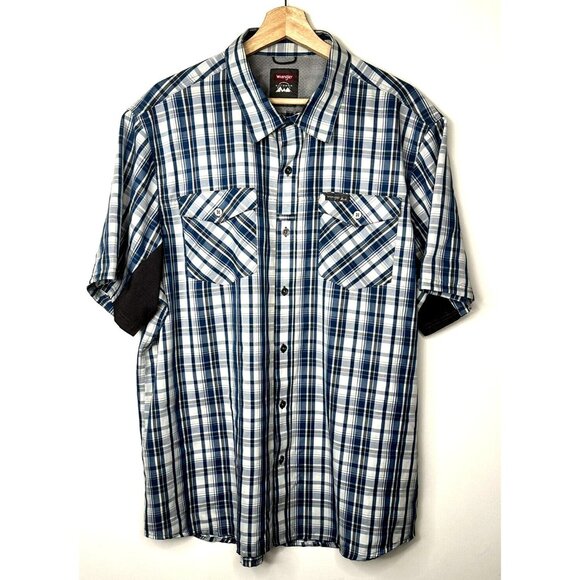 Wrangler Mens Shirt Outdoor Series Short Sleeve Vented Regular Fit Blue Plaid XL - Picture 1 of 11